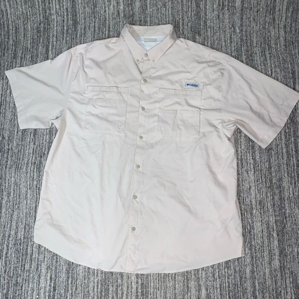 Columbia PFG Mens Size 2XL Button Front‎ Shirt Cream Short Sleeve Outdoor Active